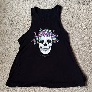 Betsey Johnson Floral Skull Graphic Black Tank Top